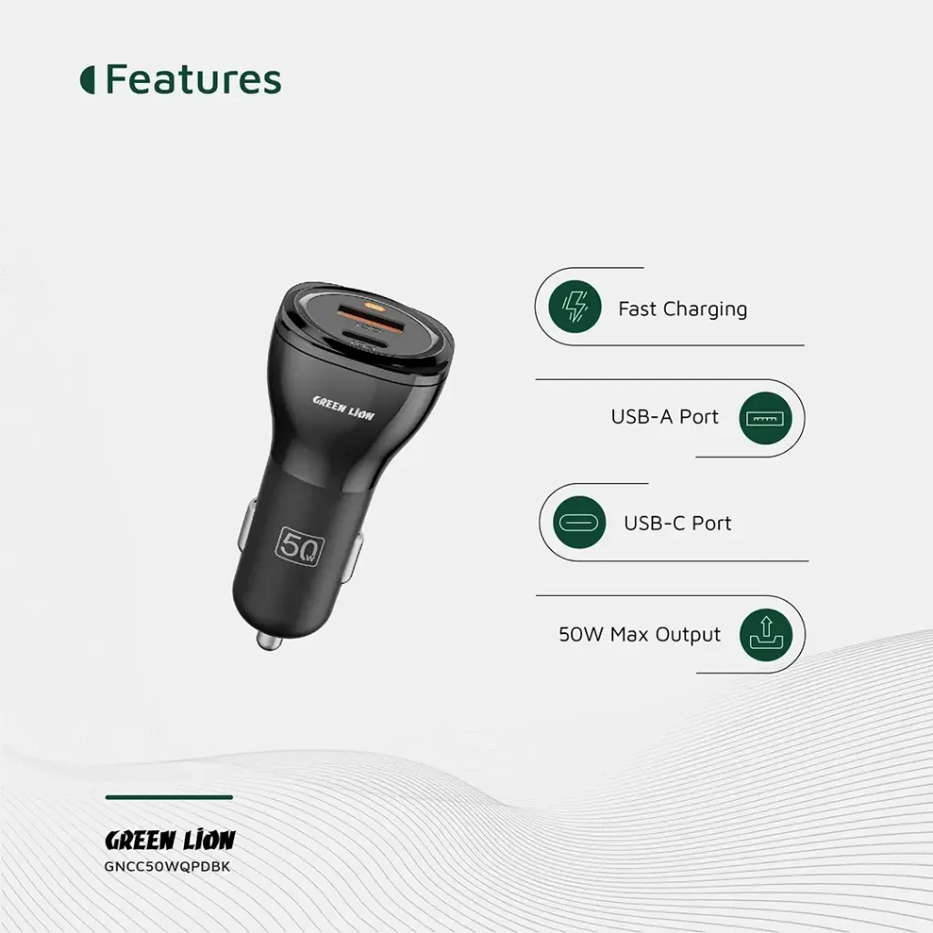 Green Lion Dual Port Car Charger 50W (with C to C / C to L Cable) - Black